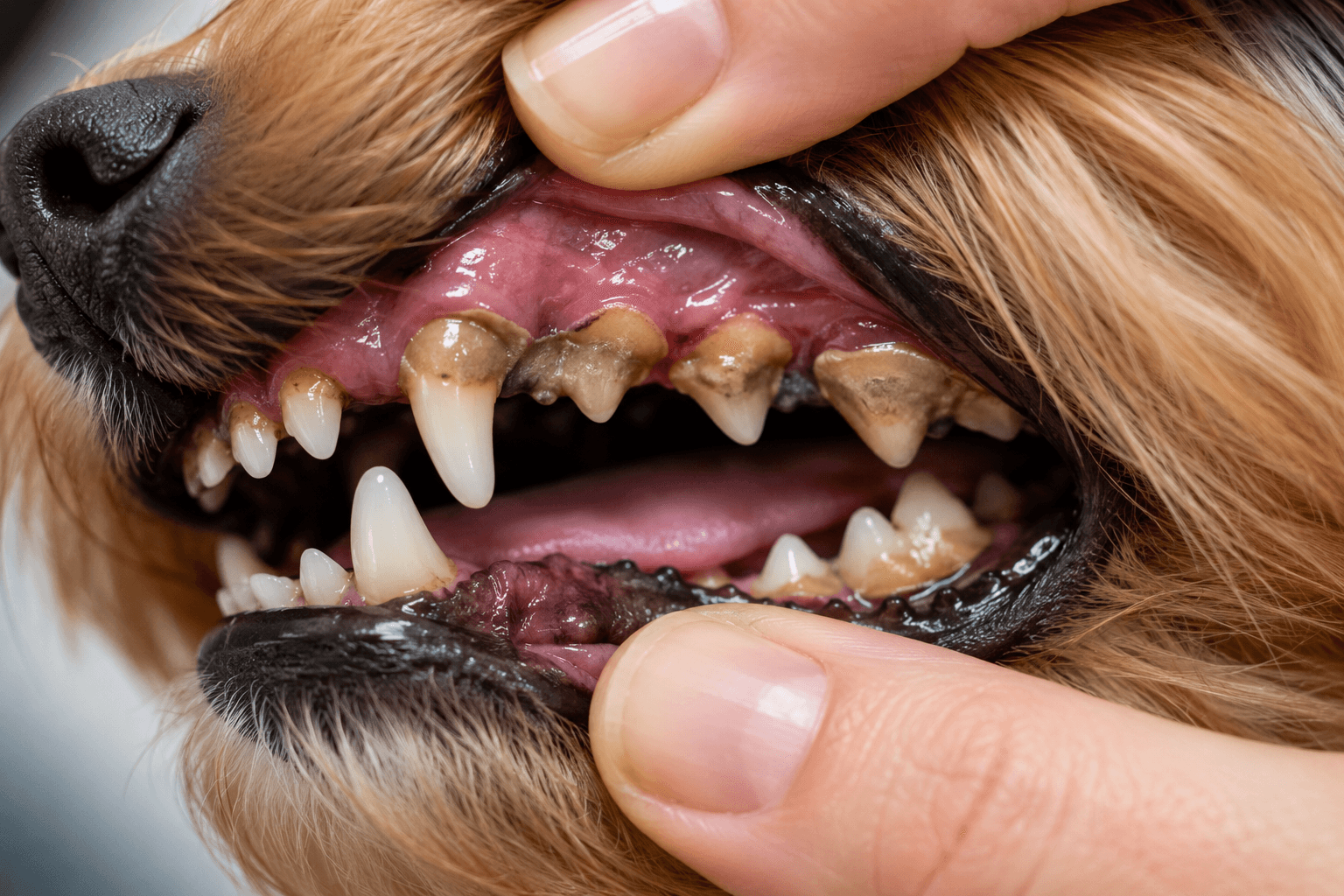 Close-up of a dog's teeth showing tartar buildup