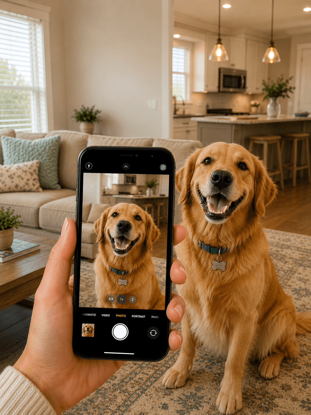 Dog smiling at camera inside a phone screen