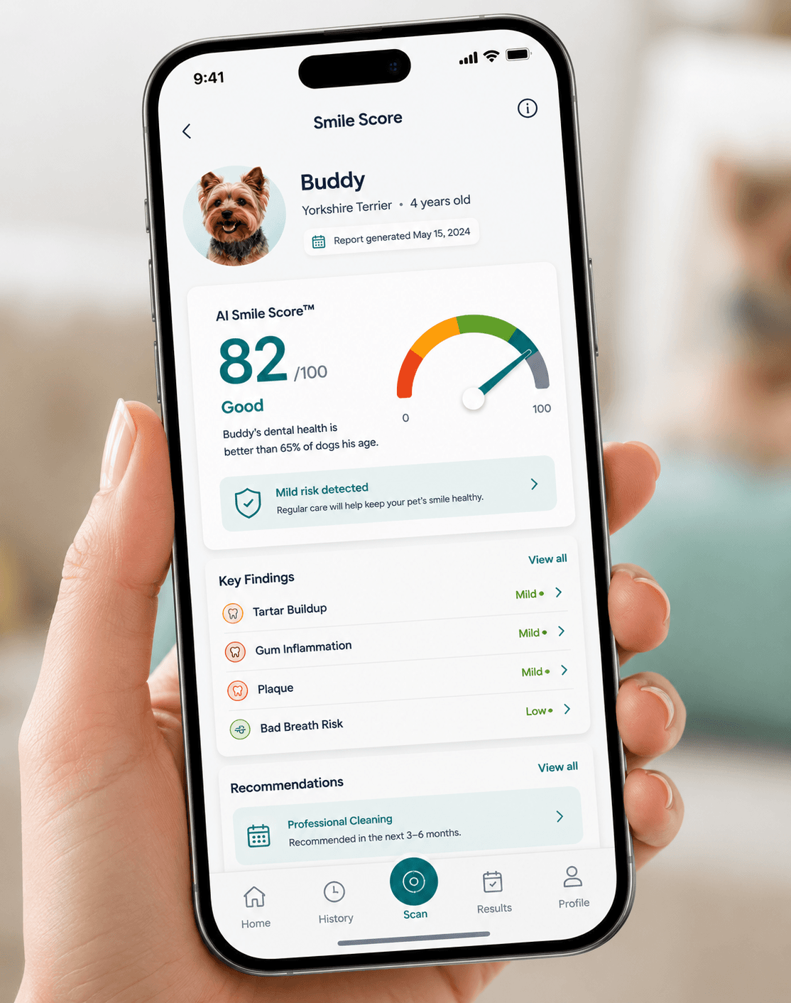 Bella's AI dental report on phone with findings and summary