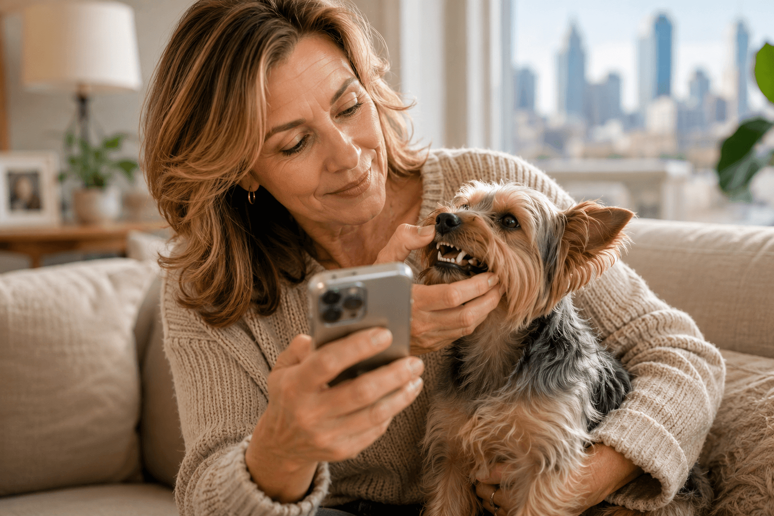 Pet parent hugging her dog while taking a smile photo at home